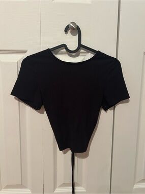Eclipse Black Ribbed Short-Sleeve Tie-Back Crop